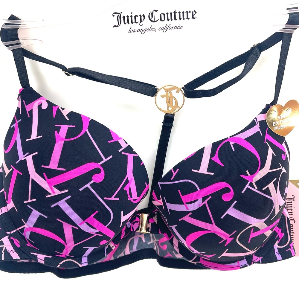JUICY COUTURE Extreme Push Up Bra SIZE 36C Black Hot Pink Lilac Logo Scatter NWT